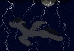 Size: 1814x1250 | Tagged: safe, artist:feraline(r), oc, oc only, oc:feraliner, pegasus, pony, cloud, flying, lightning, moon, night, rain, spread wings, windswept mane, wings