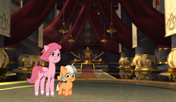 Size: 1868x1080 | Tagged: safe, artist:caseyben887, artist:prixy05, peach fizz, windy, pegasus, pony, unicorn, g5, my little pony: tell your tale, bow, castle, coat markings, duo, female, filly, foal, gold, horn, indoors, looking at you, mare, pippsqueaks, shadow fight 3, smiling, smiling at you, socks (coat markings), tail, tail bow, throne room