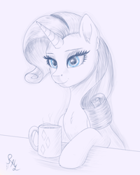 Size: 800x1000 | Tagged: safe, artist:raritymylove, rarity, pony, unicorn, g4, food, horn, hot chocolate, mug, sketch, solo