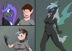 Size: 3508x2480 | Tagged: safe, artist:settop, oc, oc only, oc:viciz, changeling, human, anthro, barbie doll anatomy, boop, breasts, female, gradient background, high res, human to anthro, human to changeling, male, transformation, transgender transformation