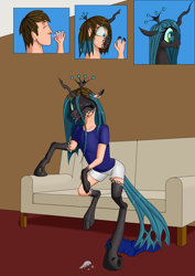 Size: 2480x3508 | Tagged: safe, artist:settop, queen chrysalis, changeling, changeling queen, human, g4, couch, female, high res, human to changeling, indoors, male, one eye closed, potion, smiling, solo, transformation, transgender transformation