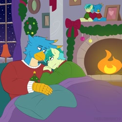 Size: 2048x2048 | Tagged: safe, artist:shallowwin, gallus, sandbar, earth pony, griffon, anthro, g4, christmas, commission, fireplace, gay, heart, holiday, indoors, love, male, ship:gallbar, shipping, snow, stallion