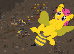 Size: 1220x900 | Tagged: safe, artist:xada, oc, oc only, bee pony, original species, pony, antennae, game screencap, group, insect wings, lying down, purple eyes, rimworld, spread legs, spreading, stinger, tongue out, transparent wings, wings