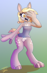 Size: 1459x2280 | Tagged: safe, artist:jitterbugjive, part of a set, oc, oc:dotty, pony, rabbit, animal, character to character, female, furry, furry oc, furry to pony, gradient background, open mouth, open smile, smiling, solo, transformation, transformation sequence