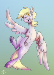 Size: 1527x2100 | Tagged: safe, artist:jitterbugjive, part of a set, derpy hooves, pegasus, pony, g4, character to character, female, flying, furry to pony, gradient background, mare, open mouth, open smile, smiling, solo, transformation, transformation sequence