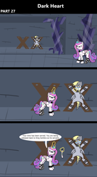 Size: 1920x3516 | Tagged: safe, artist:platinumdrop, derpy hooves, princess flurry heart, alicorn, pegasus, pony, comic:dark heart, g4, 3 panel comic, abuse, alternate timeline, bondage, bondage cross, bondage cuffs, bondage furniture, bondage gear, bound, bound wings, bound wrists, bruised, cloth gag, collar, comic, commission, crying, crystal, crystal castle, crystal empire, cuffed, cuffs, dark crystal, derpybuse, devious smile, dialogue, dungeon, evil, evil flurry heart, fear, female, flurry heart is amused, folded wings, gag, glowing, glowing horn, helpless, horn, indoors, looking at each other, looking at someone, looking at you, magic, magic aura, mare, older, older derpy hooves, older flurry heart, over the nose gag, prisoner, punishment, restrained, sad, scared, scrunchy face, slave, slave collar, smiling, smug, speech bubble, spiked collar, spiked wristband, spread eagle, spread legs, spreading, stern, tears of fear, tears of sadness, teary eyes, this will not end well, victorious villain, walking, wall of tags, wings, wristband