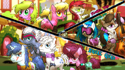 Size: 4596x2586 | Tagged: safe, artist:yourboimario, daisy, dj pon-3, double diamond, flower wishes, lily, lily valley, night glider, octavia melody, party favor, roseluck, sugar belle, vinyl scratch, earth pony, pegasus, pony, unicorn, g4, arrow, bag, bandage, bowtie, clothes, equal four, female, flower trio, goggles, headband, horn, jacket, male, mare, necklace, ponytail, saddle bag, scar, scarf, shoes, stallion, torn ear