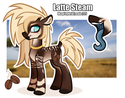 Size: 4150x3250 | Tagged: safe, artist:sadfloorlamp, oc, oc only, oc:latte steam, hybrid, okapi, pony, blurry background, cutie mark, eyebrows, fangs, jewelry, long tongue, male, mascara, maw, mawshot, open mouth, piercing, reference sheet, solo, stallion, standing, tongue out