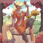 Size: 1000x1000 | Tagged: safe, artist:kevinsano, applejack, earth pony, anthro, unguligrade anthro, g4, autumn, award, clothes, dress, eye clipping through hair, female, hay bale, holding, leaf, outdoors, sitting, smiling, smirk, solo