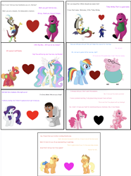 Size: 1014x1366 | Tagged: safe, applejack, applejack (g1), big macintosh, discord, pinkie pie, pinkie pie (g3), princess celestia, rainbow dash, rarity, g1, g3, g4, barney the dinosaur, comic, crossover, daddy pig, heart, peppa pig, shipping, simple background, skibidi toilet, teletubbies, tinky winky, wat, white background