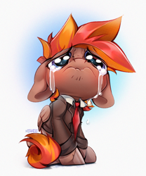 Size: 2085x2501 | Tagged: safe, artist:mithriss, oc, oc only, oc:coma, pegasus, pony, chibi, clothes, crying, floppy ears, male, necktie, sad, sitting, solo, stallion, suit