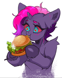 Size: 662x827 | Tagged: safe, artist:flutterbutt, oc, oc only, oc:nyx omnia, pony, burger, cyberpunk, doodle, eating, food, heart, heart eyes, hooves, simple background, sketch, solo, undercut, wingding eyes