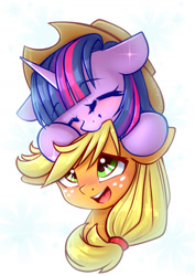 Size: 935x1323 | Tagged: safe, artist:chaosangeldesu, applejack, twilight sparkle, earth pony, pony, unicorn, g4, blushing, cute, duo, duo female, eyebrows, eyebrows visible through hair, eyes closed, female, freckles, hat, horn, lesbian, mare, ship:twijack, shipping, simple background, smiling, twiabetes