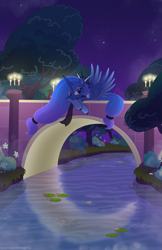 Size: 1353x2091 | Tagged: safe, artist:lovinglypromise, princess luna, alicorn, pony, g4, bridge, canterlot, clothes, night, outdoors, scarf, solo, water