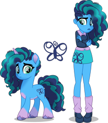 Size: 3504x4000 | Tagged: safe, artist:orin331, misty brightdawn, human, pony, unicorn, equestria girls, g4, g5, clothes, coat markings, cornrows, equestria girls-ified, fake cutie mark, female, frown, g5 to equestria girls, g5 to g4, generation leap, horn, human ponidox, lips, mare, movie accurate, self paradox, self ponidox, simple background, skirt, socks (coat markings), transparent background, unshorn fetlocks