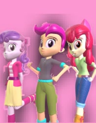 Size: 500x638 | Tagged: safe, artist:gaelgaming1, apple bloom, scootaloo, sweetie belle, equestria girls, g4, 3d, arms, belt, bow, clothes, cutie mark crusaders, denim, eyelashes, female, hair bow, hand, hand on hip, hands behind back, happy, headband, hoodie, jacket, jeans, legs, long hair, open clothes, open shirt, pants, pose, preteen, puffy sleeves, shirt, short hair, short sleeves, shorts, skirt, smiling, source filmmaker, standing, top, trio, younger