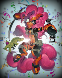 Size: 2680x3350 | Tagged: safe, artist:chickenpicnic, gummy, pinkie pie, earth pony, pony, semi-anthro, g4, clothes, confetti, cosplay, costume, deadpool, fusion, marvel, marvel comics, original art, pinkiepool, signature, solo, sword, weapon