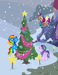 Size: 1501x1920 | Tagged: safe, artist:grapefruit-face, starlight glimmer, sunny starscout, oc, oc:shield wing, alicorn, g4, g5, alicornified, christmas, christmas tree, hearth's warming, holiday, outdoors, race swap, snow, starlicorn, tree