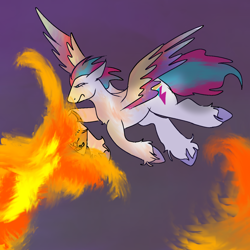 Size: 1280x1280 | Tagged: safe, anonymous artist, flash magnus, zipp storm, pegasus, pony, g4, g5, dark background, dragonfire, female, fire, fire breath, flying, netitus, purple hooves, reincarnation, shield, spread wings, tail, wings, zipp cutie mark