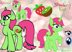 Size: 956x687 | Tagged: safe, artist:kharmacal, oc, oc only, oc:strawberry kiwi, unicorn, caption, freckles, horn, image macro, real life background, reference sheet, self paradox, self ponidox, text, unshorn fetlocks