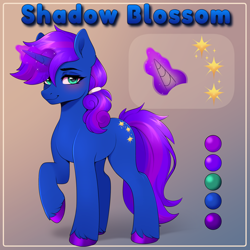 Size: 2000x2000 | Tagged: safe, artist:ynery, oc, oc:shadow blossom, pony, unicorn, character name, commission, commissioner:pyretheskywing, cutie mark, femboy, horn, male, raised hoof, reference sheet, solo, stallion, unicorn oc