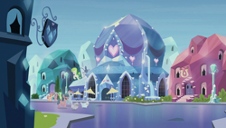 Size: 1920x1080 | Tagged: safe, screencap, amberlocks, elbow grease, paradise (g4), rook ramparts, sapphire rose, zirconic, crystal pony, pony, sheep, g4, games ponies play, my little pony: friendship is magic, crystal empire, outdoors