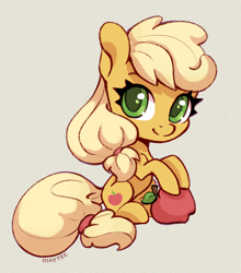 Size: 704x800 | Tagged: safe, artist:maytee, part of a set, applejack, earth pony, pony, g4, apple, chibi, colored pupils, digital art, food, looking at you, missing accessory, sitting, solo