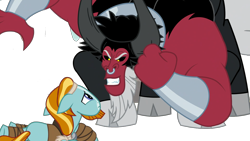 Size: 2048x1152 | Tagged: safe, edit, edited screencap, editor:pascalmulokozi2, screencap, lord tirek, rockhoof, centaur, earth pony, pony, taur, g4, my little pony: friendship is magic, season 9, the ending of the end, background removed, beard, bracer, cloven hooves, evil smile, facial hair, hoofabuse, male, nose piercing, nose ring, not a vector, piercing, scared, smiling, stallion, terrified