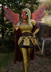 Size: 2480x3508 | Tagged: safe, artist:riizatensely, oc, oc:sindy silence, anthro, plantigrade anthro, g4, 3d, armor, blender, blender cycles, cute, female, guard, legs, looking at you, mare, outdoors, sword, tail, weapon