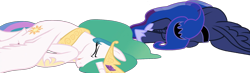 Size: 2048x599 | Tagged: safe, edit, edited screencap, editor:pascalmulokozi2, screencap, princess celestia, princess luna, alicorn, pony, g4, my little pony: friendship is magic, the ending of the end, background removed, duo, duo female, eyes closed, female, jewelry, not a vector, regalia, royal sisters, siblings, sisters