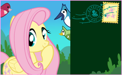 Size: 844x520 | Tagged: safe, fluttershy, bird, pegasus, pony, g4, looking at you, my little pony: celebration, postcard, smiling, smiling at you, stamp, text