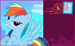 Size: 844x520 | Tagged: safe, rainbow dash, pegasus, pony, g4, looking at you, my little pony: celebration, postcard, smiling, smiling at you, stamp, text