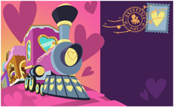 Size: 844x520 | Tagged: safe, friendship express, locomotive, my little pony: celebration, postcard, stamp, steam locomotive, text, train