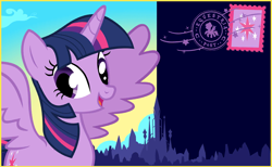 Size: 844x520 | Tagged: safe, twilight sparkle, alicorn, pony, g4, looking at you, my little pony: celebration, postcard, smiling, smiling at you, stamp, text