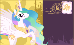 Size: 844x520 | Tagged: safe, princess celestia, alicorn, g4, looking at you, my little pony: celebration, postcard, smiling, smiling at you, stamp, text