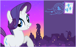 Size: 844x520 | Tagged: safe, rarity, g4, looking at you, my little pony: celebration, postcard, smiling, smiling at you, stamp, text