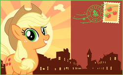 Size: 844x520 | Tagged: safe, applejack, earth pony, pony, g4, looking at you, my little pony: celebration, postcard, smiling, smiling at you, stamp, text