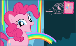 Size: 844x520 | Tagged: safe, pinkie pie, earth pony, pony, g4, looking at you, my little pony: celebration, postcard, smiling, smiling at you, stamp, text