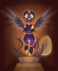 Size: 1861x2284 | Tagged: safe, artist:moonatik, oc, oc only, oc:velvetine, pegasus, pony, ancient egypt, clothes, egyptian, egyptian headdress, female, glowing, glowing eyes, gold, makeup, mare, mummy, pegasus oc, possessed, sarcophagus, shadowbolts, shoes, solo