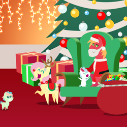 Size: 2160x2160 | Tagged: safe, anonymous artist, big macintosh, coral currents, fluttershy, stratus wind, earth pony, pegasus, pony, series:fm holidays, series:hearth's warming advent calendar 2024, g4, advent calendar, alternate hairstyle, animal costume, bell, bell collar, chair, christmas, christmas lights, christmas tree, clothes, collar, costume, eyes closed, female, filly, foal, grin, high res, holiday, lineless, male, mall santa, mare, older, open mouth, open smile, pointy ponies, present, red nose, reindeer costume, saddle, santa costume, ship:fluttermac, shipping, short mane, smiling, stallion, straight, tack, tree