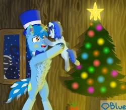 Size: 1880x1640 | Tagged: safe, artist:💎blue, oc, oc only, oc:blue blanket, oc:blueshield, pony, unicorn, bow, bowtie, chest fluff, christmas, christmas lights, christmas tree, female, filly, foal, hair bow, happy, hat, holding a pony, holiday, horn, indoors, magic, male, present, snow, stallion, top hat, tree, window, winter, winter coat, wood