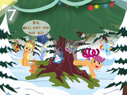 Size: 1440x1080 | Tagged: safe, artist:bronybyexception, applejack, rainbow dash, scootaloo, earth pony, pegasus, pony, g4, advent calendar, christmas, christmas tree, doctor who, holiday, horn (musical instrument), outdoors, plushie, present, snow, tardis, teddy bear, toy train, tree