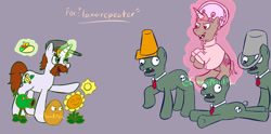 Size: 1024x508 | Tagged: safe, artist:crazyplantmae, earth pony, pony, undead, unicorn, zombie, zombie pony, 2016, beard, crazy dave, crossover, dr. zomboss, facial hair, flower, food, horn, male, peashooter, plant, plants vs zombies, ponified, stallion, sunflower, taco, wall-nut