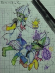 Size: 1536x2048 | Tagged: safe, artist:merryaxorder, pony, undead, unicorn, zombie, zombie pony, horn, mad scientist, male, plants vs zombies, self paradox, self ponidox, stallion, traditional art