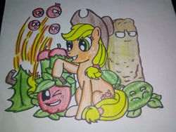 Size: 1024x768 | Tagged: safe, artist:towny-san, applejack, earth pony, g4, apple, apple mortar, crossover, female, food, mare, plant, plants vs zombies, tall-nut, traditional art, watermelon