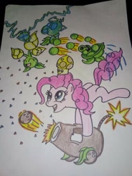 Size: 768x1024 | Tagged: safe, artist:towny-san, pinkie pie, earth pony, g4, cannon, coconut, coconut cannon, crossover, female, food, mare, pea, peashooter, plant, plants vs zombies, traditional art