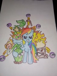 Size: 768x1024 | Tagged: safe, artist:towny-san, rainbow dash, pegasus, g4, crossover, female, fire, food, grapes, mare, plant, plants vs zombies, pumpkin, torchwood, traditional art, wasabi, wasabi whip