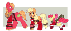 Size: 1333x586 | Tagged: safe, artist:lulubell, apple bloom, applejack, big macintosh, earth pony, pony, g4, adorabloom, apple bloom's bow, apple siblings, apple sisters, bow, brother and sister, christmas sweater, clothes, cute, eyes closed, freckles, hair bow, happy, hoof shoes, jackabetes, jingle bells, macabetes, open mouth, open smile, passepartout, scarf, siblings, sisters, smiling, socks, sweater, wholesome, yoke