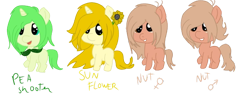 Size: 686x263 | Tagged: artist needed, safe, earth pony, original species, plant pony, pony, unicorn, colt, female, filly, flower, foal, horn, male, peashooter, plant, plants vs zombies, ponified, sunflower, wall-nut