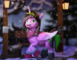 Size: 2515x1951 | Tagged: safe, artist:dreezegh, 3d, clothes, cute, feathercorn, happy, illustration, open mouth, outdoors, pegacorn, scarf, scenery, snow, snowfall, stroll, trotting, winter, winter outfit